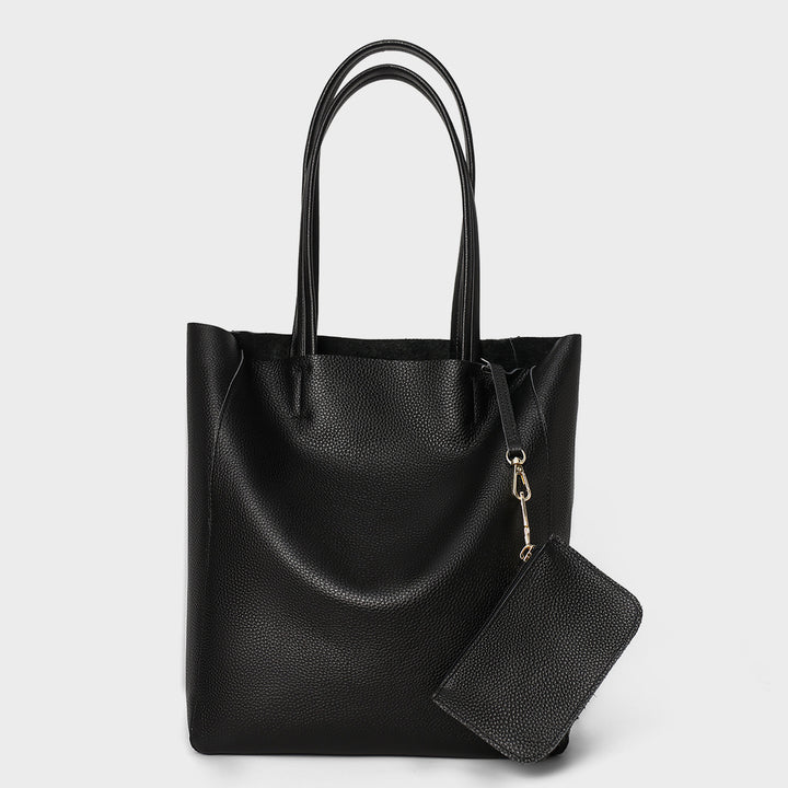 Minimalist Open-Top Tall Pebbled Leather Tote with Detachable Pouch