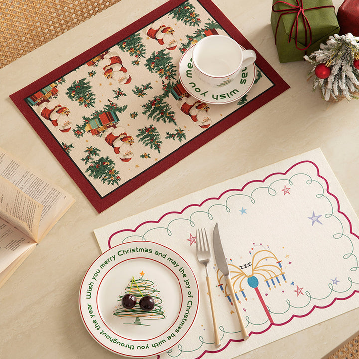 Rectangular table set made of cotton blend with hand-drawn carnival motif and wavy decorative border Kalsten