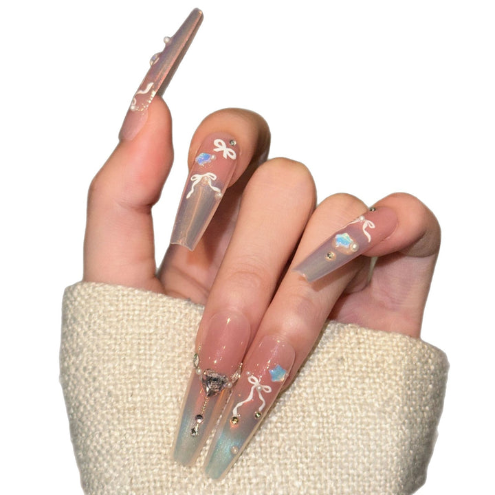 Elegant Press-On Nail Art Set with Chic Ribbon and Gem Accents Kalsten