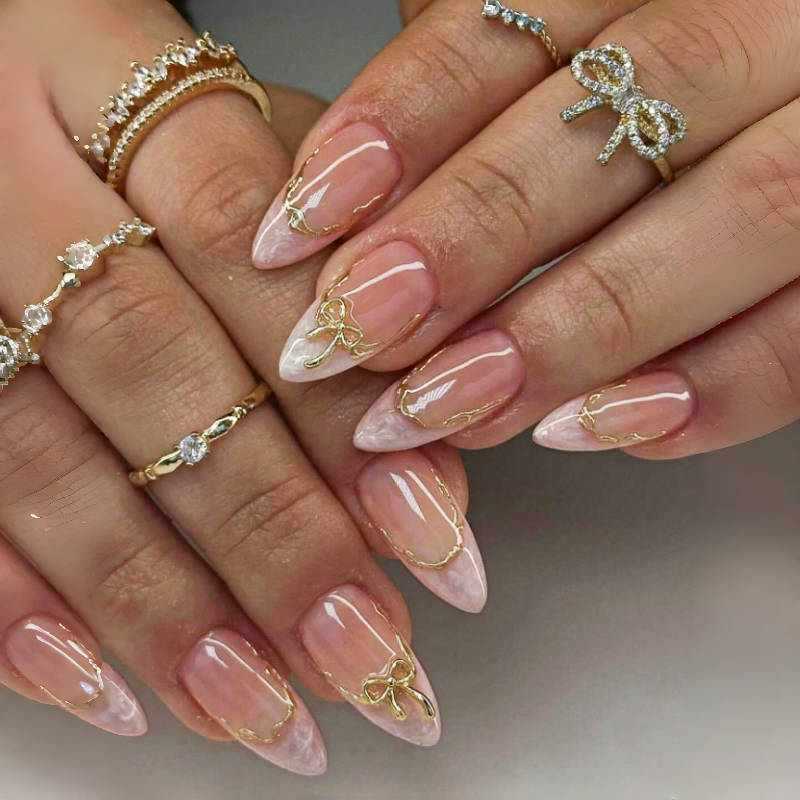 Artistic Pointed Press-On Nails with Gold Accents Kalsten