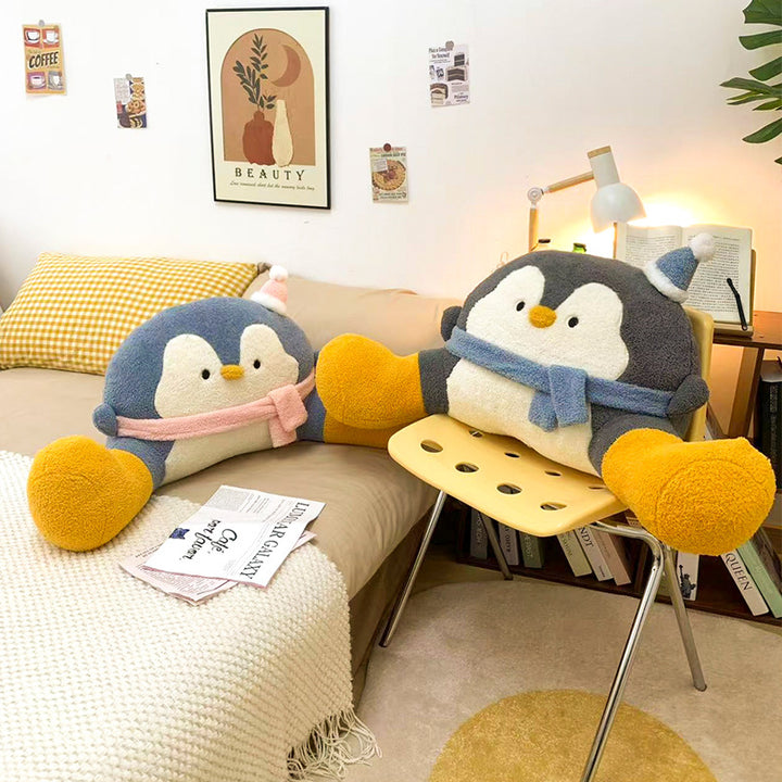 Cozy plush back reading pillow with armrests in penguin design