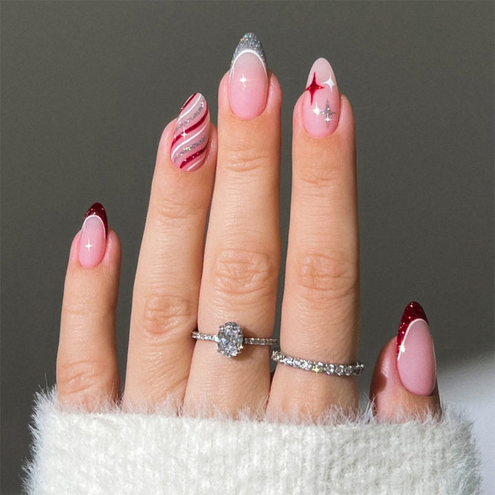 Decorative Press-On Nail Set with Glitter and Striped Design kalsten