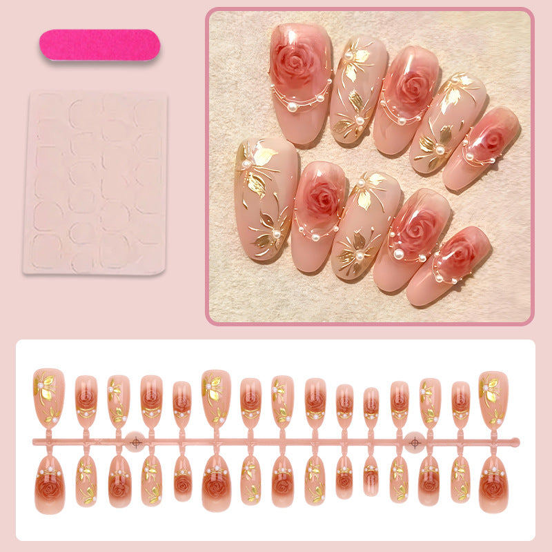 Artificial nail set with romantic rose designs and golden embellishments Kalsten