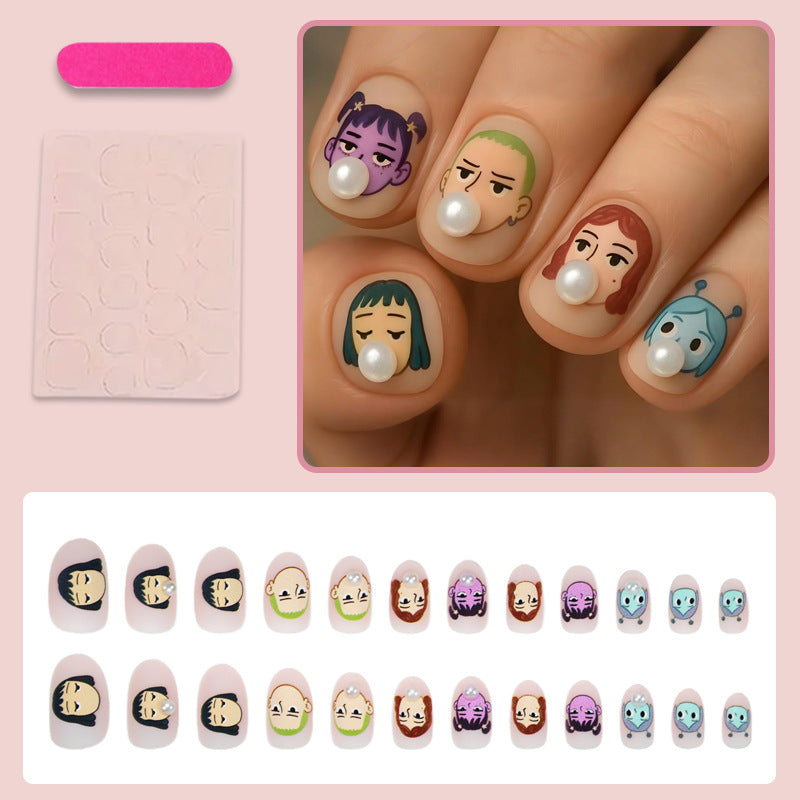 Artifical nail set with creative character designs and elegant pearl accents Kalsten
