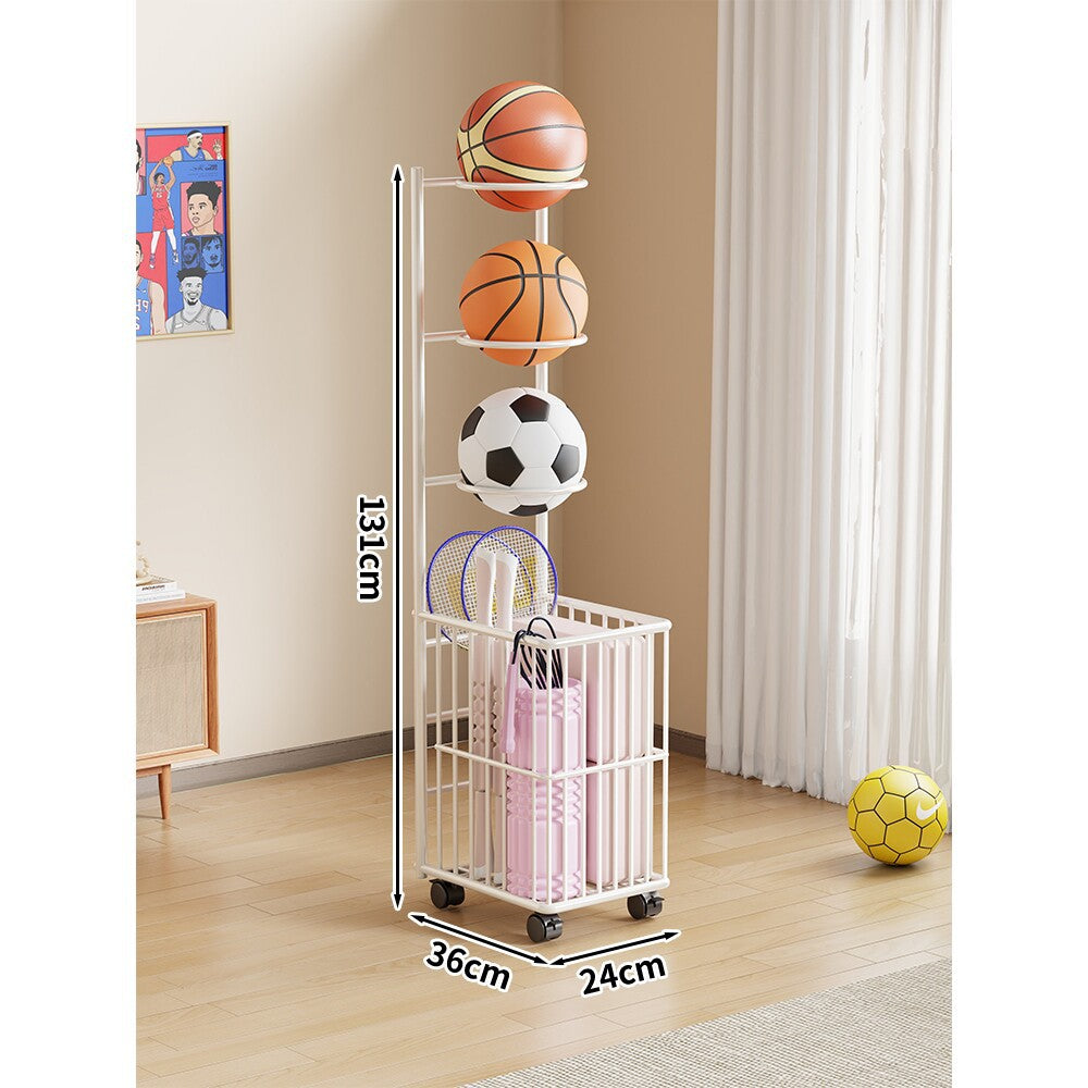 Vertical Rolling Sports Ball Organizer with Multi-Tier Cradles and Bottom Storage Basket