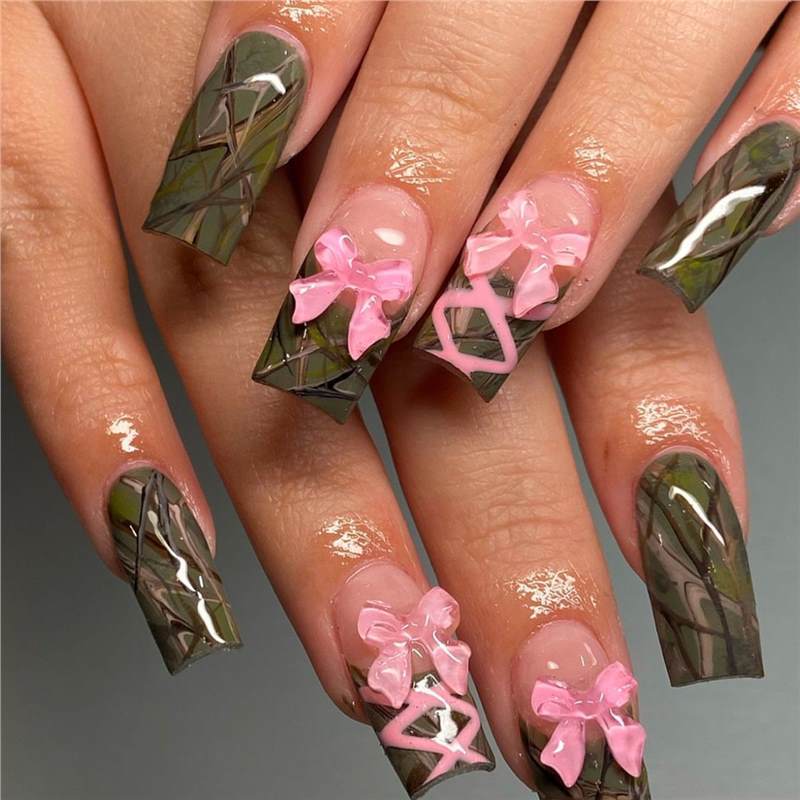 Decorative Long Press-On Nail Art with Bow Accents Kalsten