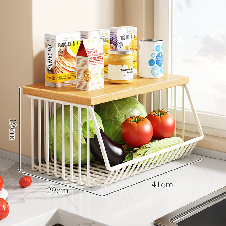 Countertop Wooden-Top Metal Wire Produce Storage Basket with Front-Tilt Access