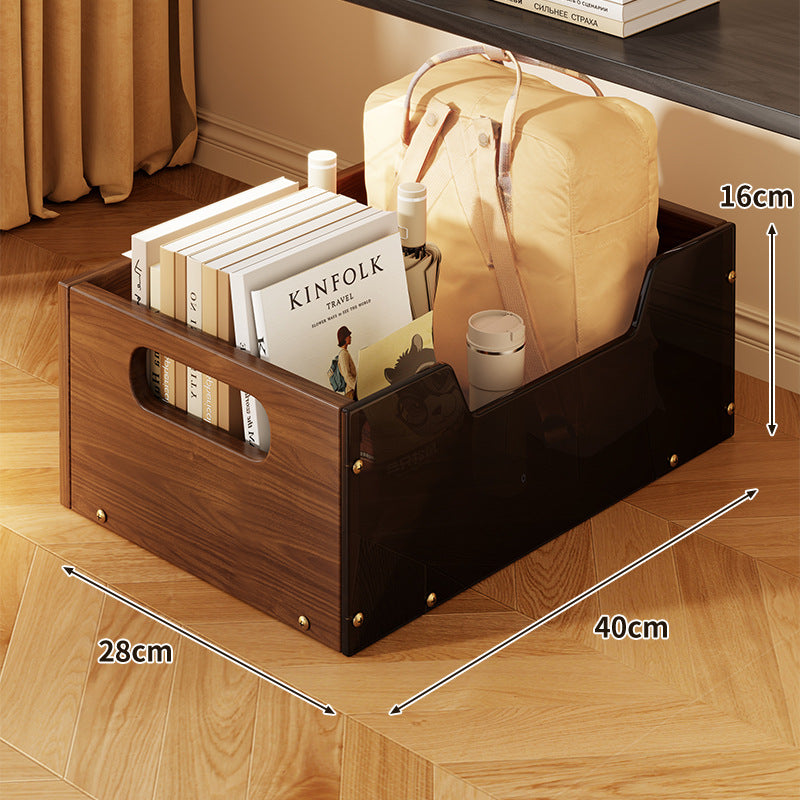 Mobile Wire Mesh Storage Crate with Walnut-Style Wooden Side and Locking Swivel Wheels