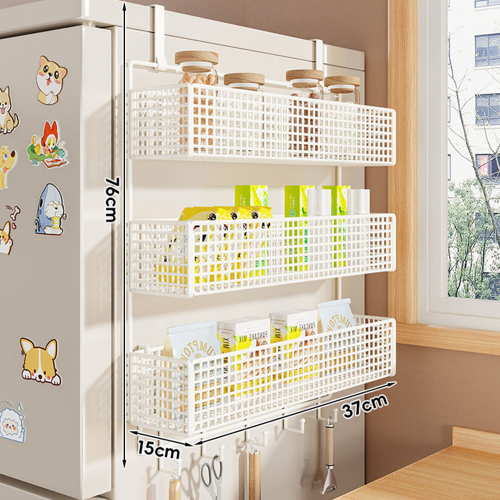 Over-Refrigerator Vertical Hanging Mesh Storage Rack with Deep Baskets and Hook Rail