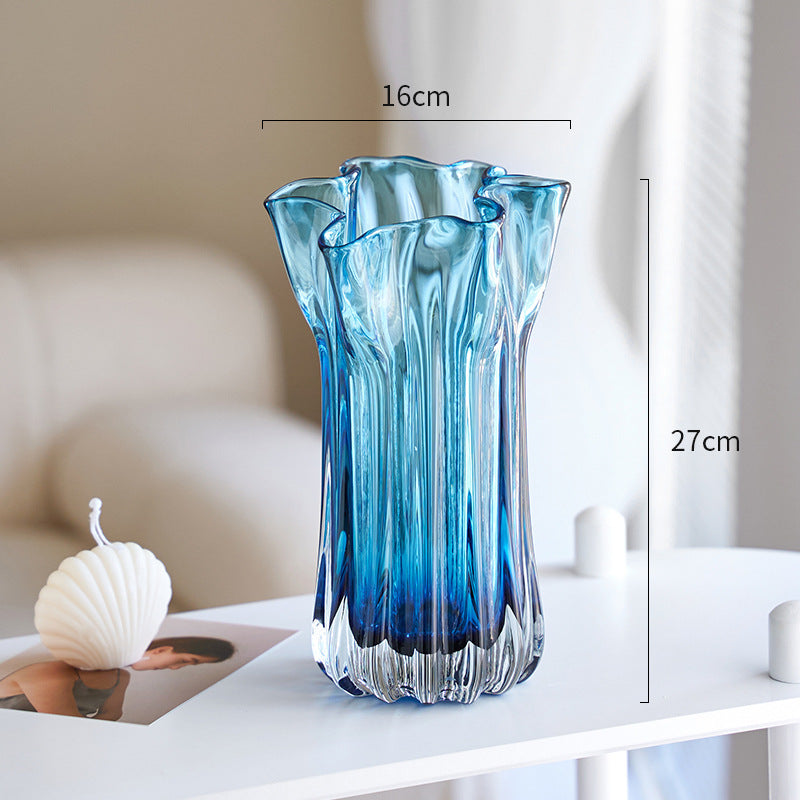 Handblown Ribbed Petal-Rim Decorative Glass Centerpiece Vase Kalsten
