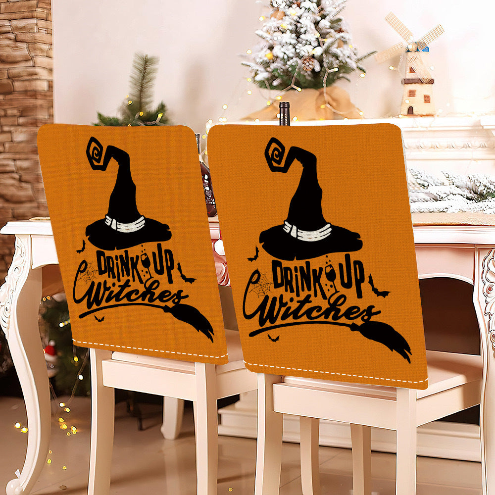 festive Halloween chair covers made of stretchable polyester with witch hat and lettering design