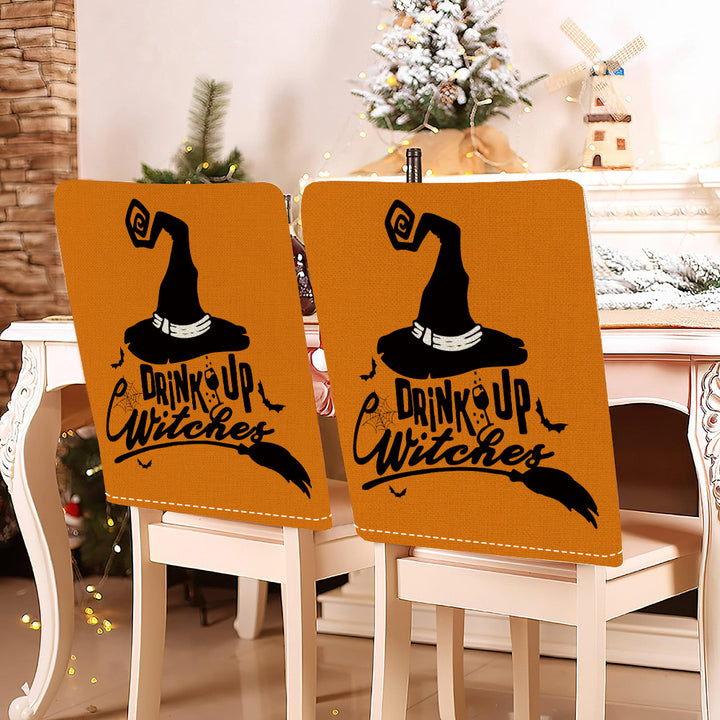 festive Halloween chair covers made of stretchable polyester with witch hat and lettering design