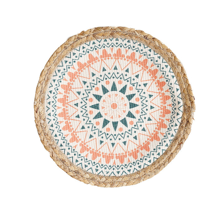 Round woven table mat made of jute with mandala cotton overlay Kalsten
