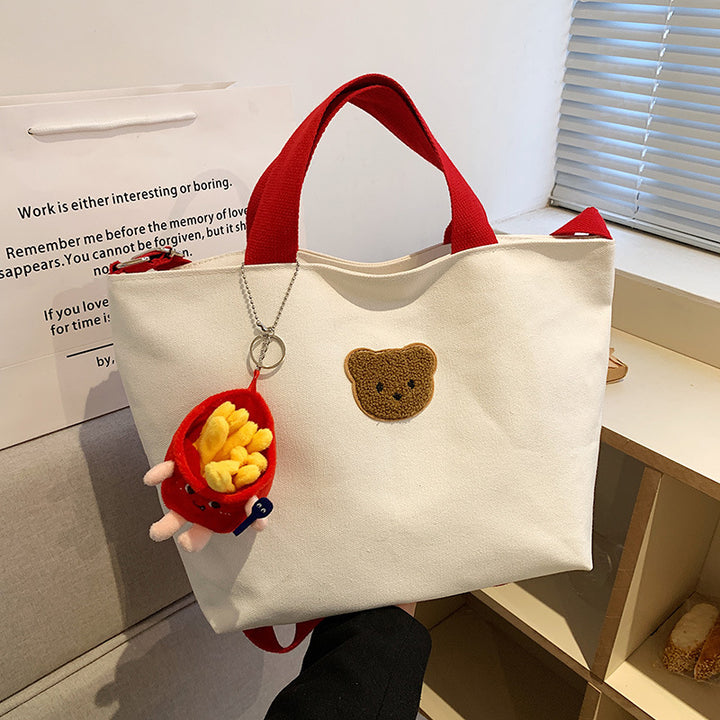 Casual Canvas Tote Bag with Cute Bear Applique