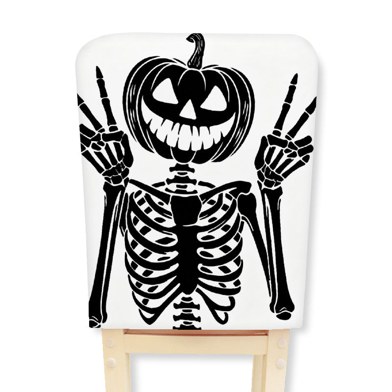 Elastic chair back cover with Halloween skeleton pattern and highly elastic jersey fabric