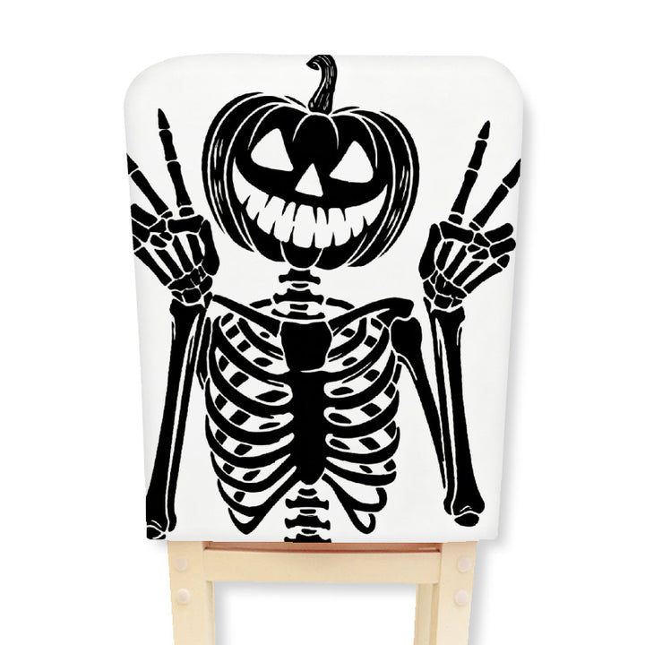 Elastic chair back cover with Halloween skeleton pattern and highly elastic jersey fabric