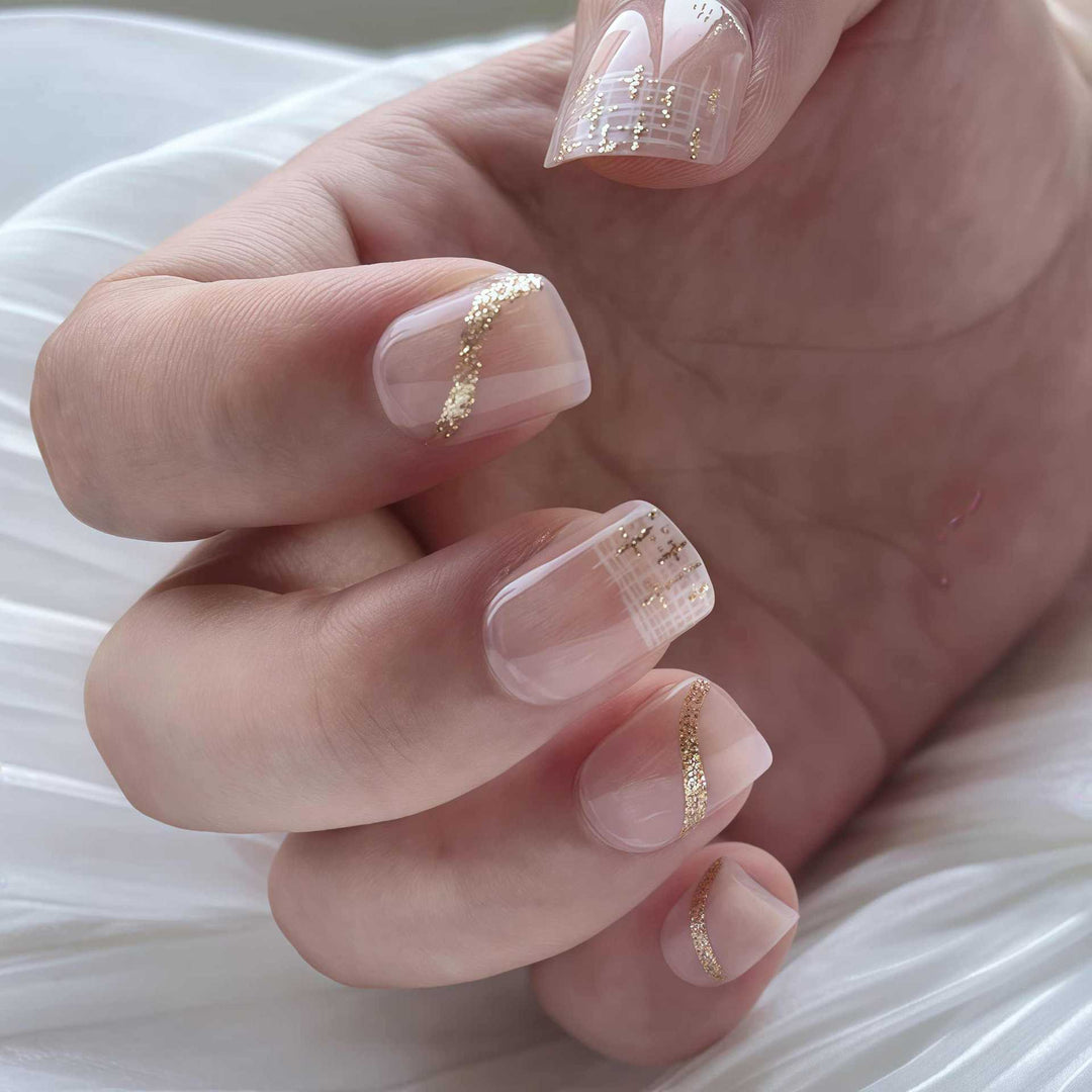 Elegant Press-On Nail Set with Gold Accent and Glitter Design Kalsten