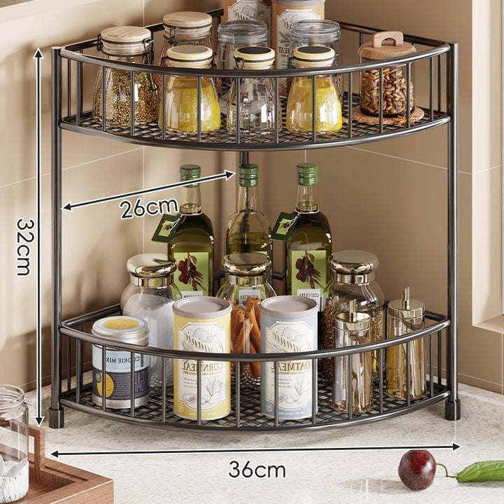 Three-Tier Rounded Corner Kitchen Storage Rack with Raised Rails and Mesh Shelves