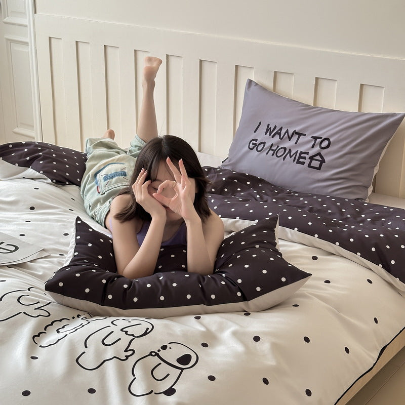 Reversible bedding set made of cotton blend with polka dot pattern and minimalist animal illustration