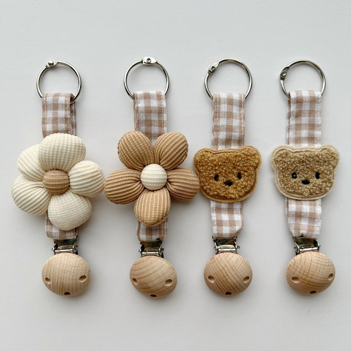 Handmade Wooden-Clip Pacifier Holder with Gingham Strap and Padded Flower Teether