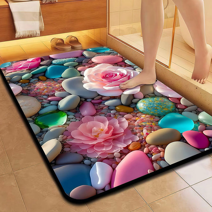 Artistic Leaf and Stone Textured Bath Mat