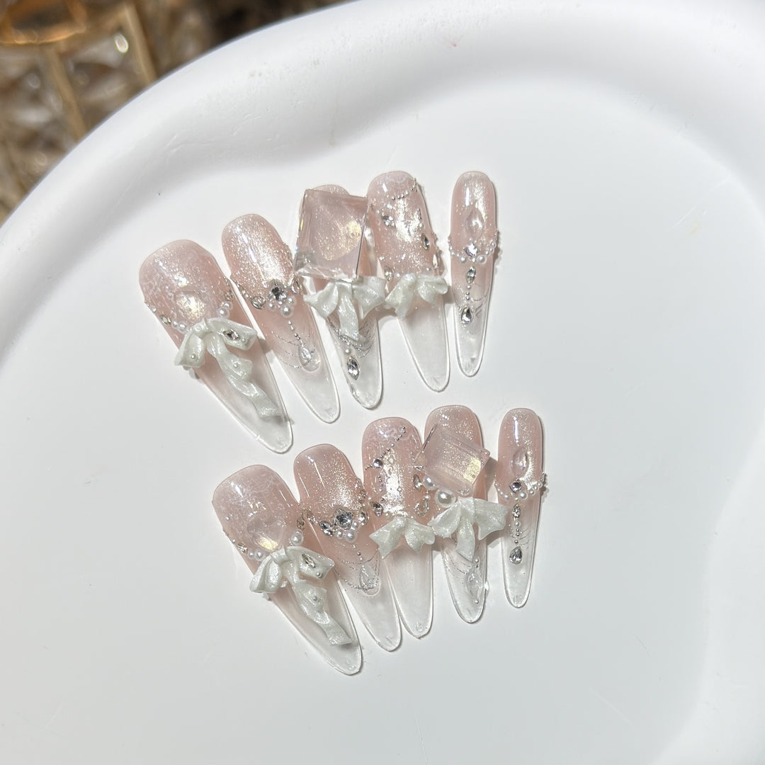 Elegant Press-On Acrylic Nail Set with Decorative Bow and Glitter Accents Kalsten