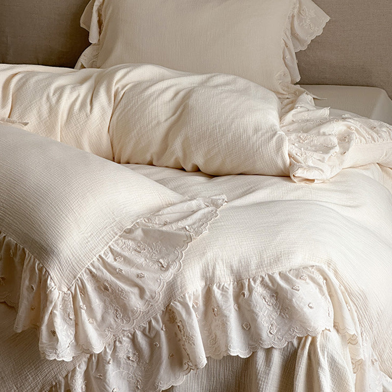 Romantic bedding set made of cotton-linen with embroidered lace, ruffle, and bed skirt