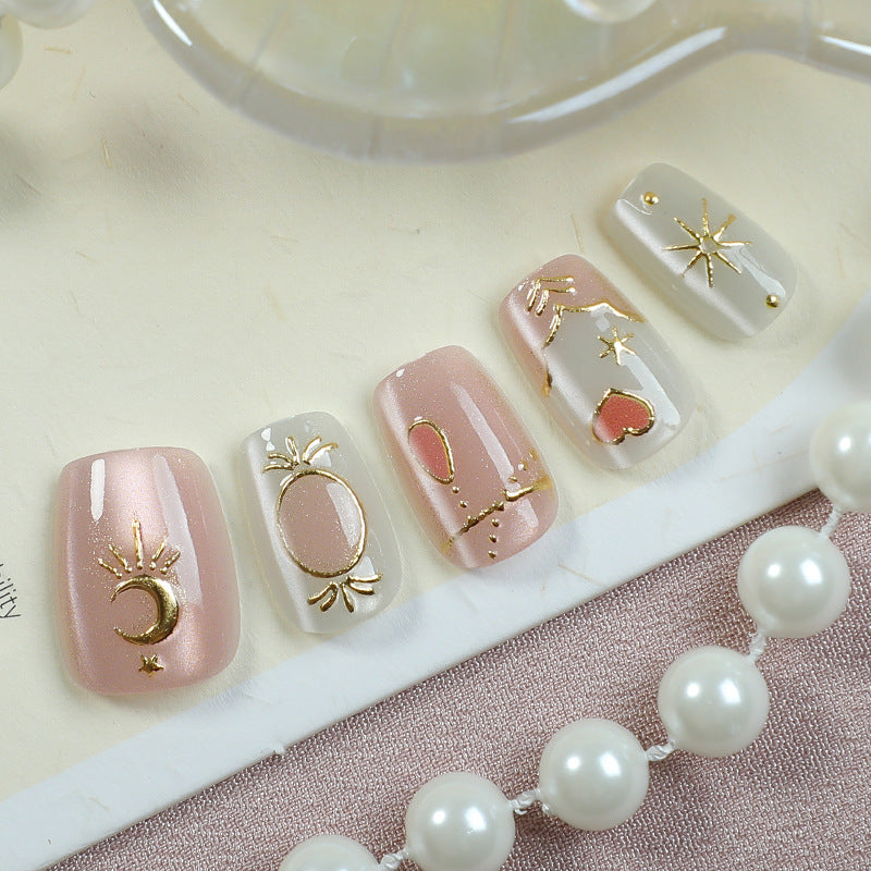 Decorative Press-On Nail Art Set with Celestial and Geometric Design