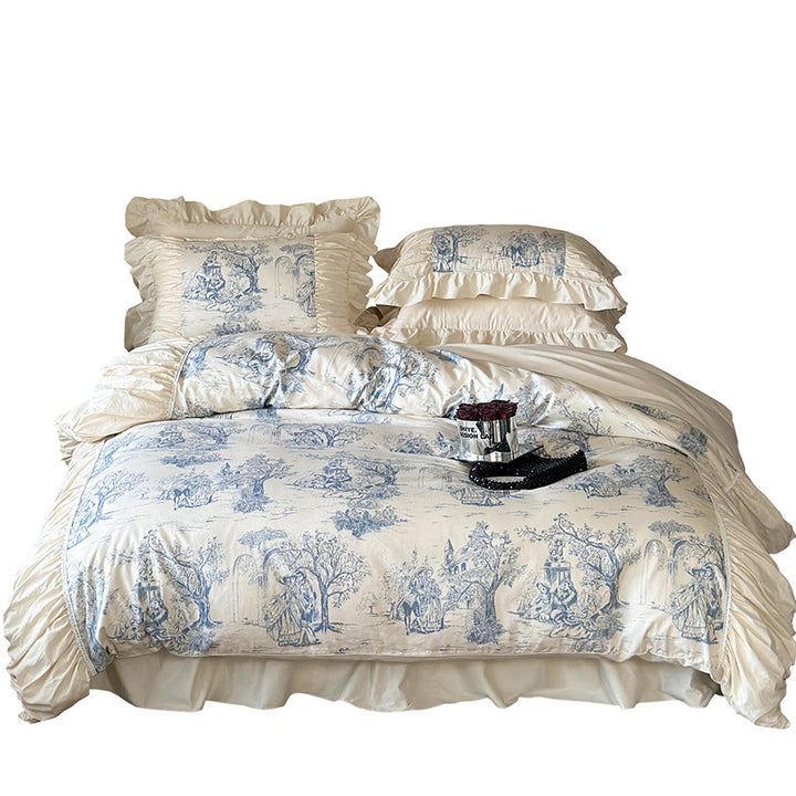 Luxurious bedding set made of cotton blend with toile landscape print, frill, and ruffles