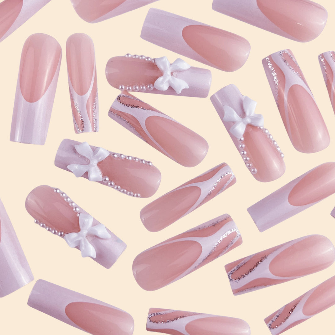 Decorative Long Coffin Nail Extensions with Bow Accents Kalsten