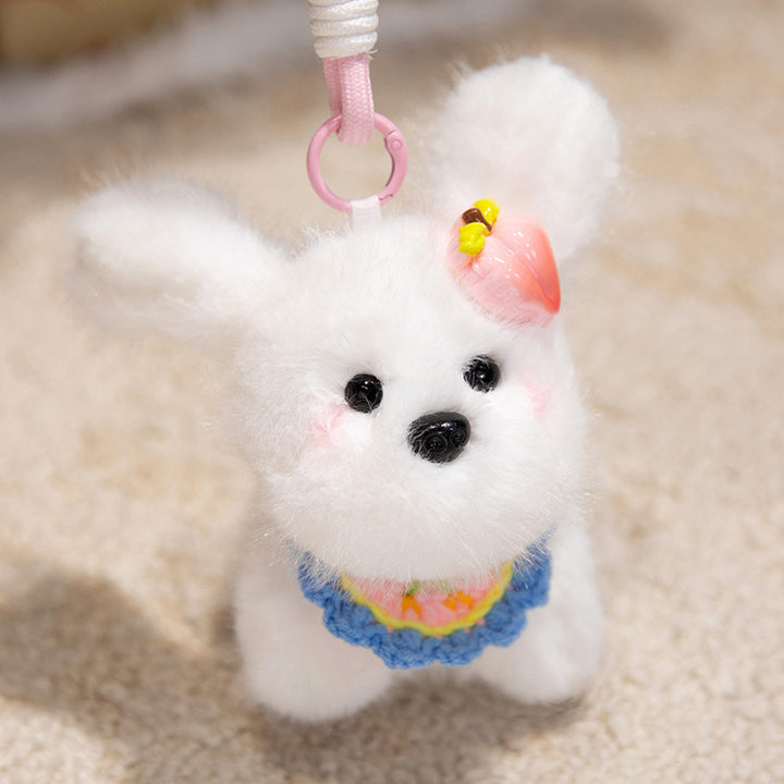 Fluffy Bunny Bag Charm Keychain with Faux-Fur Plush Body and Decorative Resin Accent Kalsten
