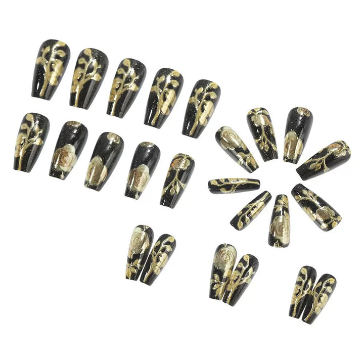 Artificial nail set with elegant golden rose decorations Kalsten