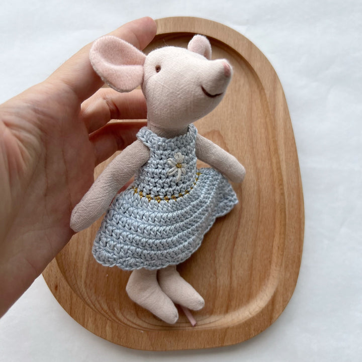 Handmade Linen Mouse Doll with Crocheted Mint Dress