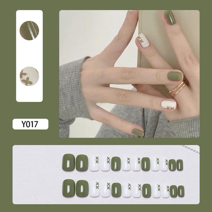 Artistic Press-On Nail Set with Heart and Leaf Designs