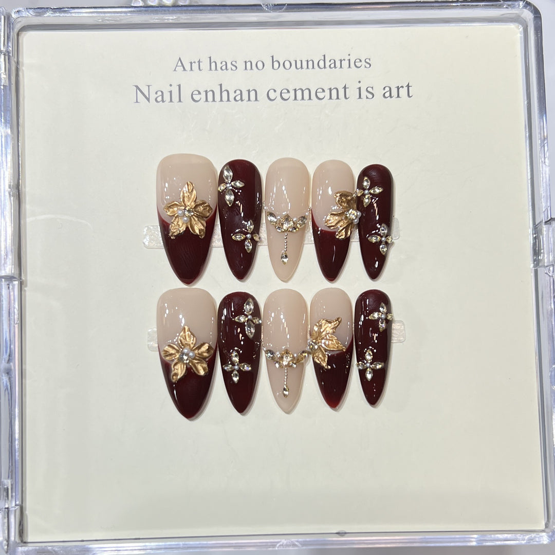 Premium Press-On Nail Art Set with Elegant Heart & Leaf Design Kalsten