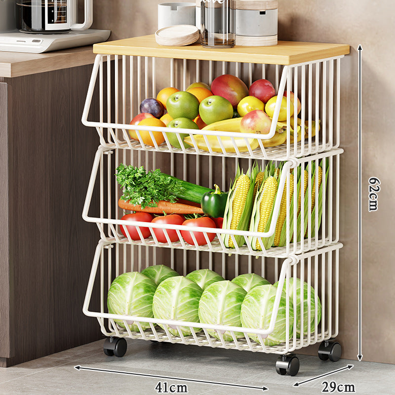 Multi-Tier Rolling Kitchen Pantry Cart with Wood Top and Deep Wire Storage Baskets