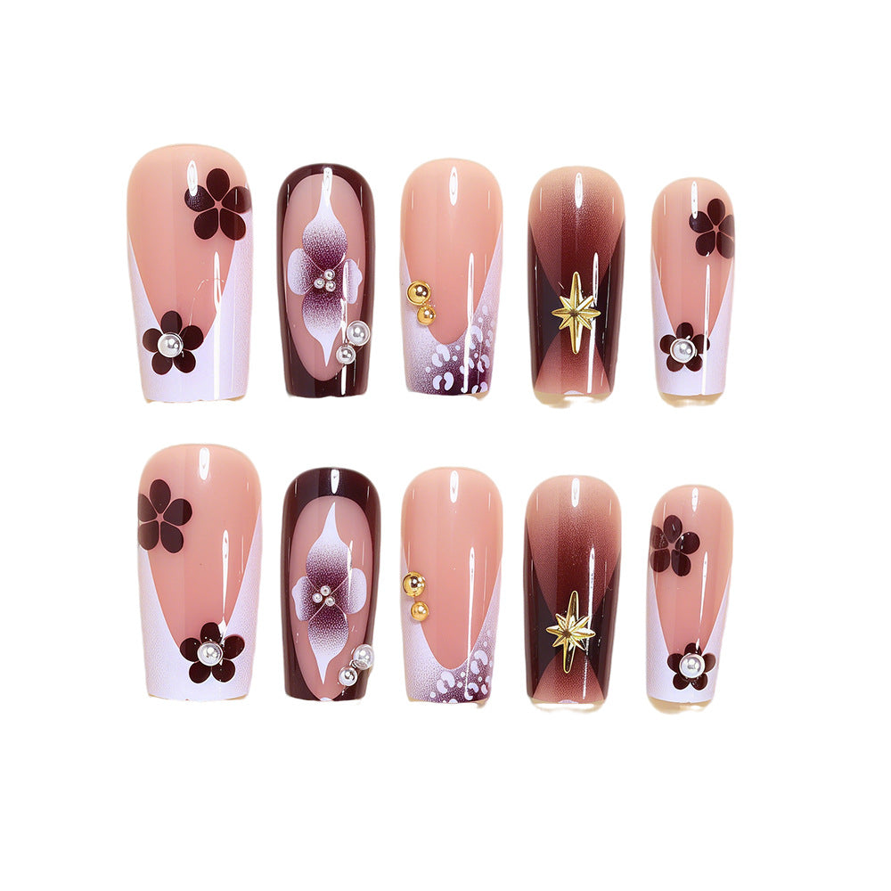Artistic Acrylic Nail Design Set with Floral and Gold Accents Kalsten