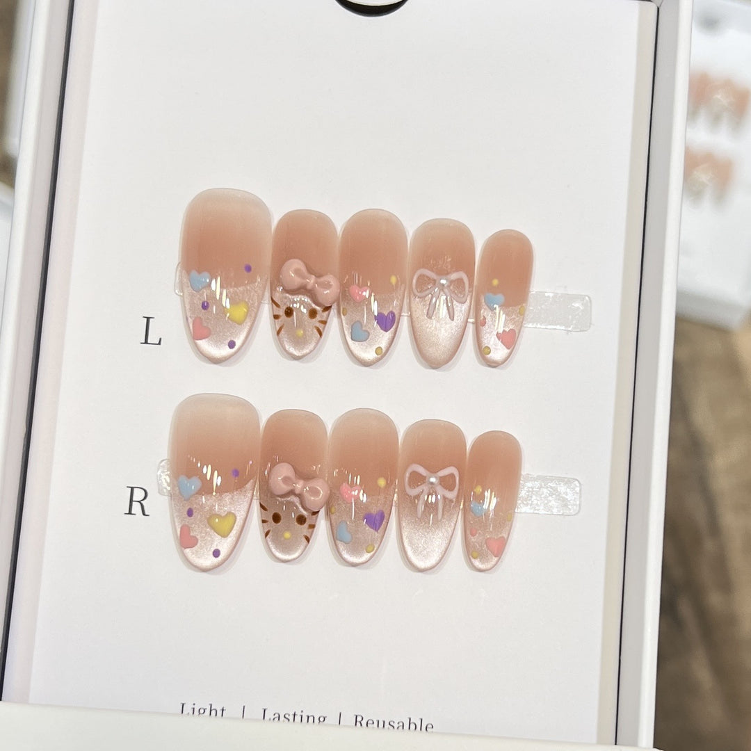 Decorative Press-On Nail Set with Colorful Heart and Bow Designs Kalsten