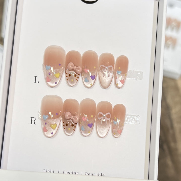 Decorative Press-On Nail Set with Colorful Heart and Bow Designs Kalsten