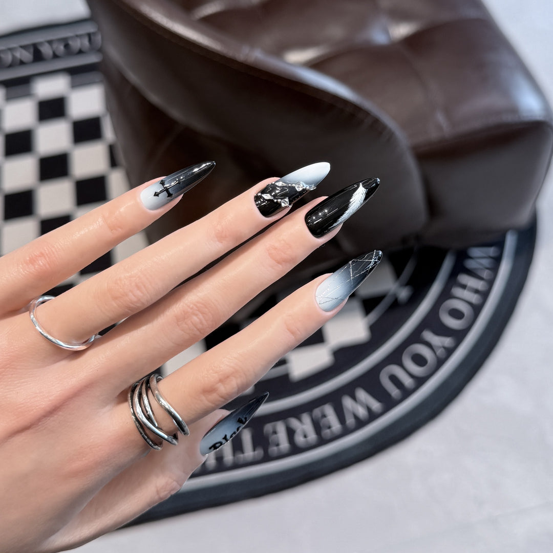 Artistic Press-On Nail Set with Gothic Feather and Cross Design Kalsten
