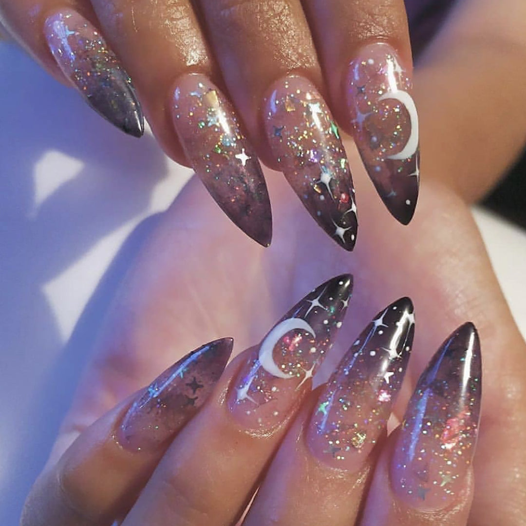 Glamorous Stiletto Press-On Nails with Celestial Design Kalsten