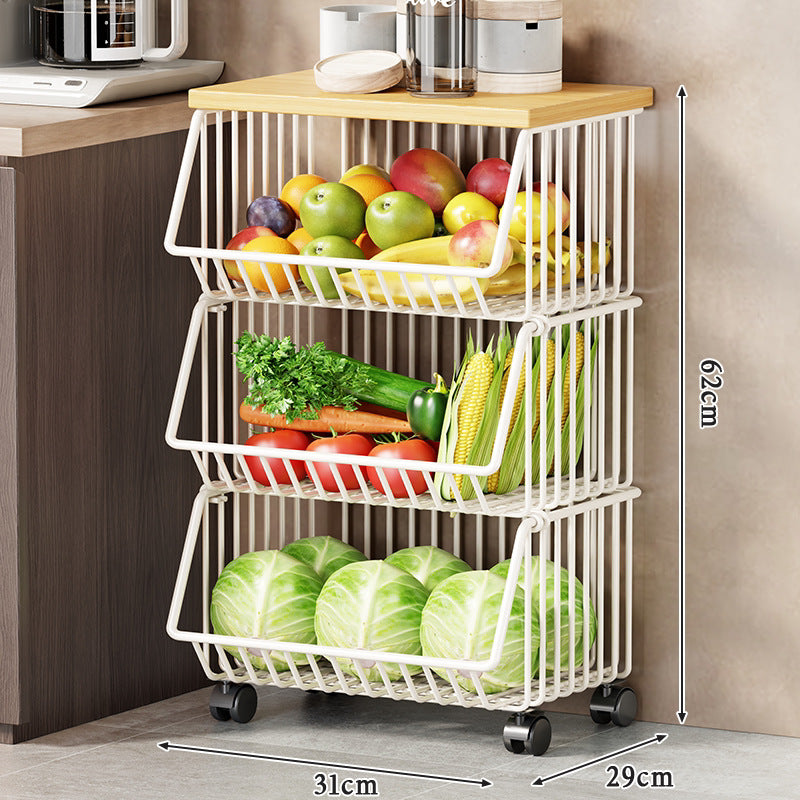 Multi-Tier Rolling Kitchen Fruit and Vegetable Storage Cart with Wood Top