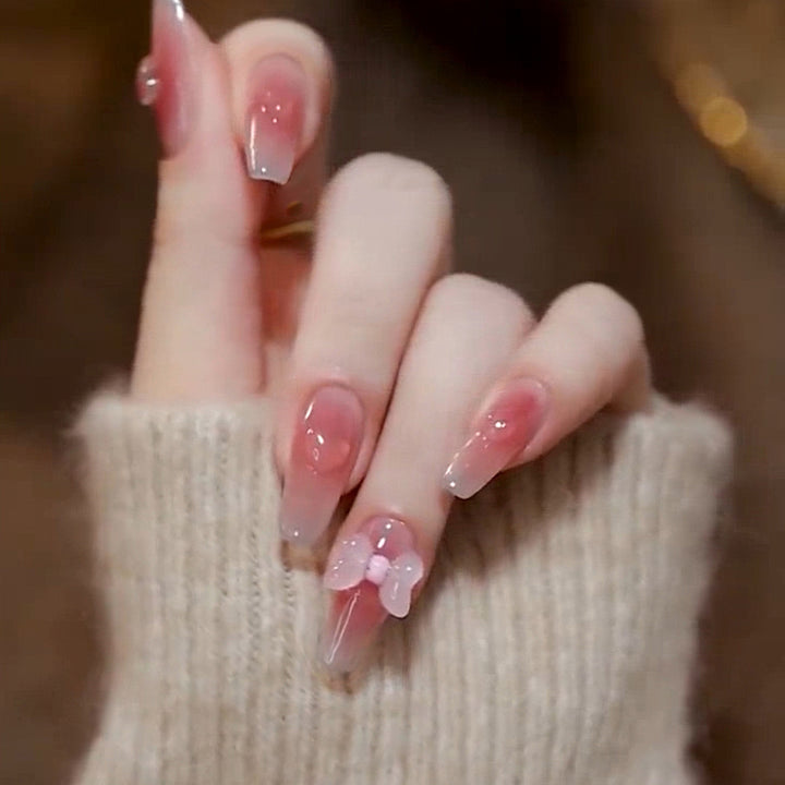 Elegant Ombre Press-On Nail Set with Bow Accents