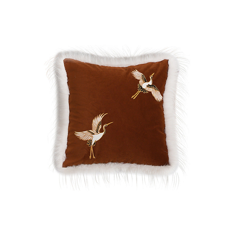 Luxurious embroidered satin pillowcase with art fur trim and crane motif Kalsten