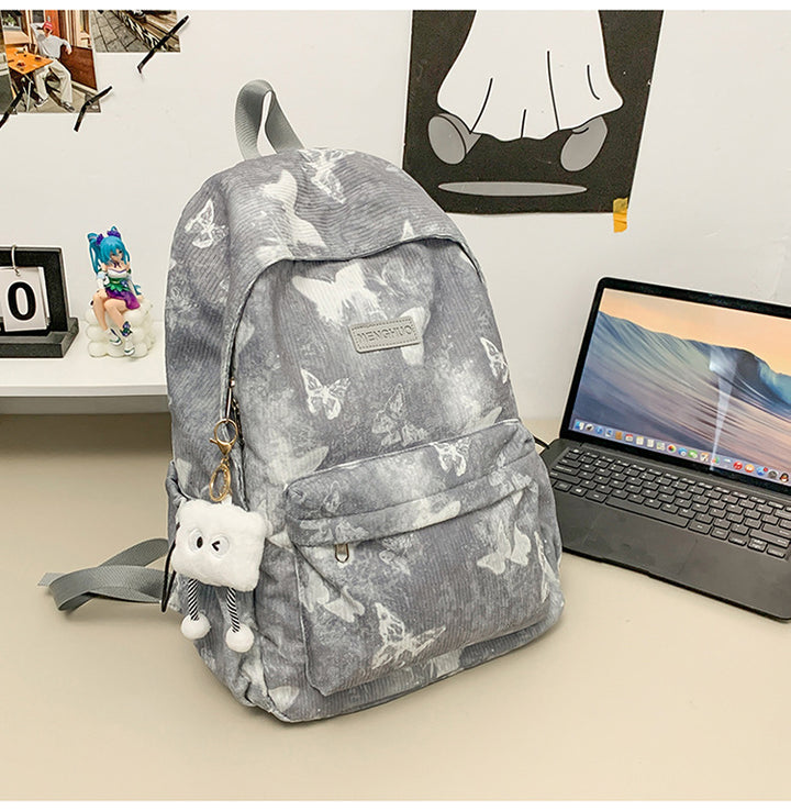 Corduroy Butterfly-Print School Backpack