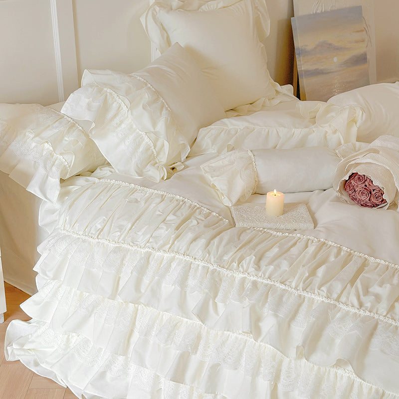 Romantic ruffle bedspread with lace trim