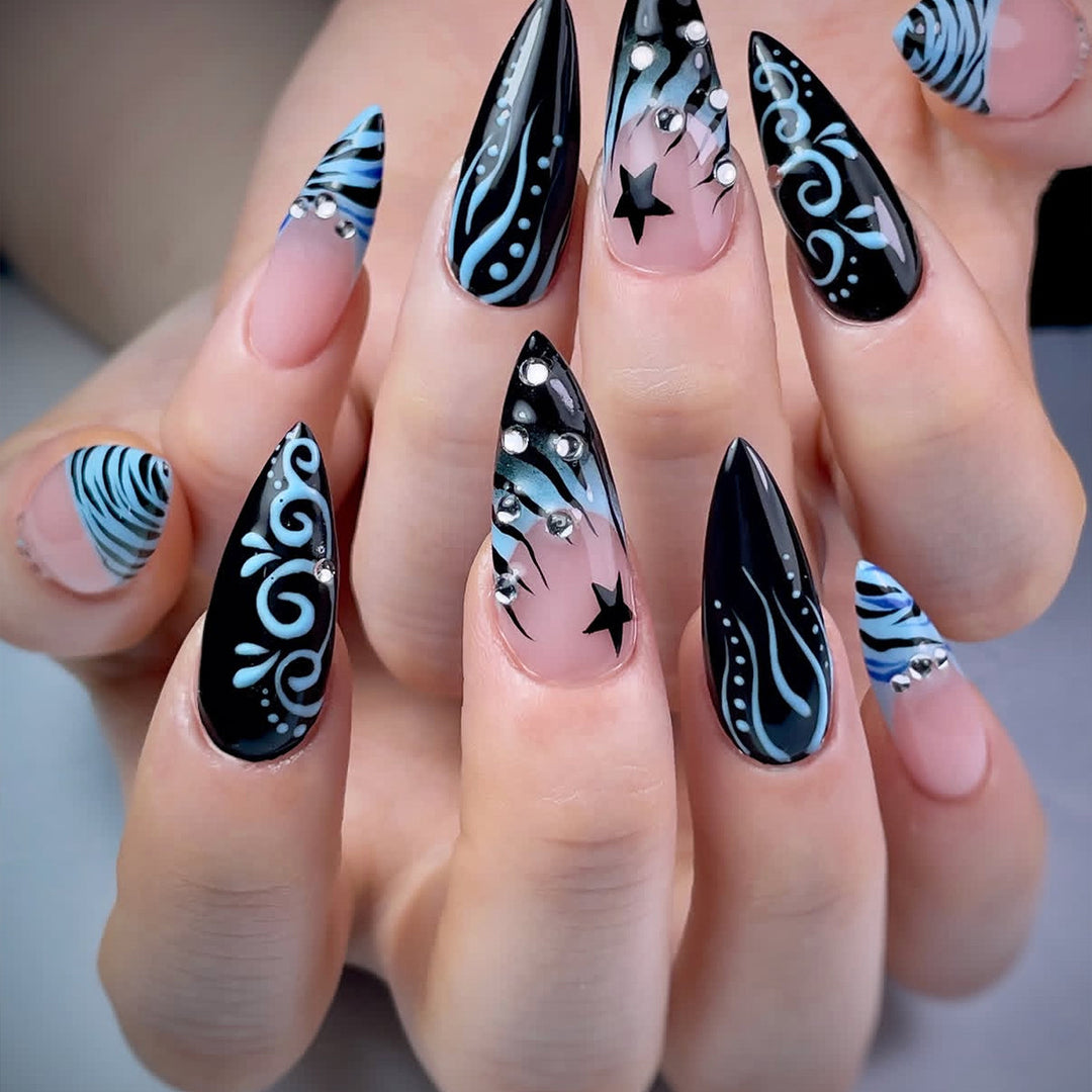 Artistic Stiletto Nail Art Extensions with Rhinestone Accents Kalsten