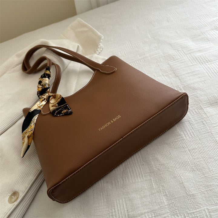 Elegant Structured Tote Handbag with Decorative Scarf
