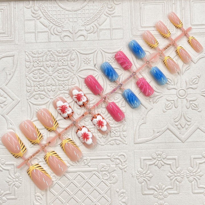 Artistic Press-On Nail Set with Floral and Wave Designs Kalsten