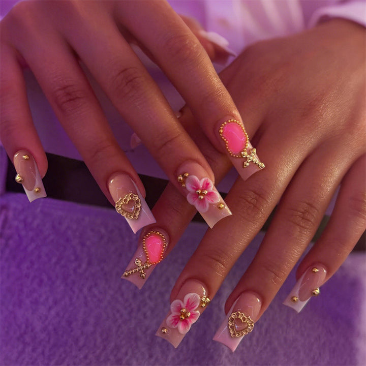 Decorative Floral Press-On Nail Set with Gem Accents kalsten